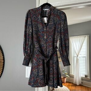 ZARA long-sleeve button-down belted fit & flare dress